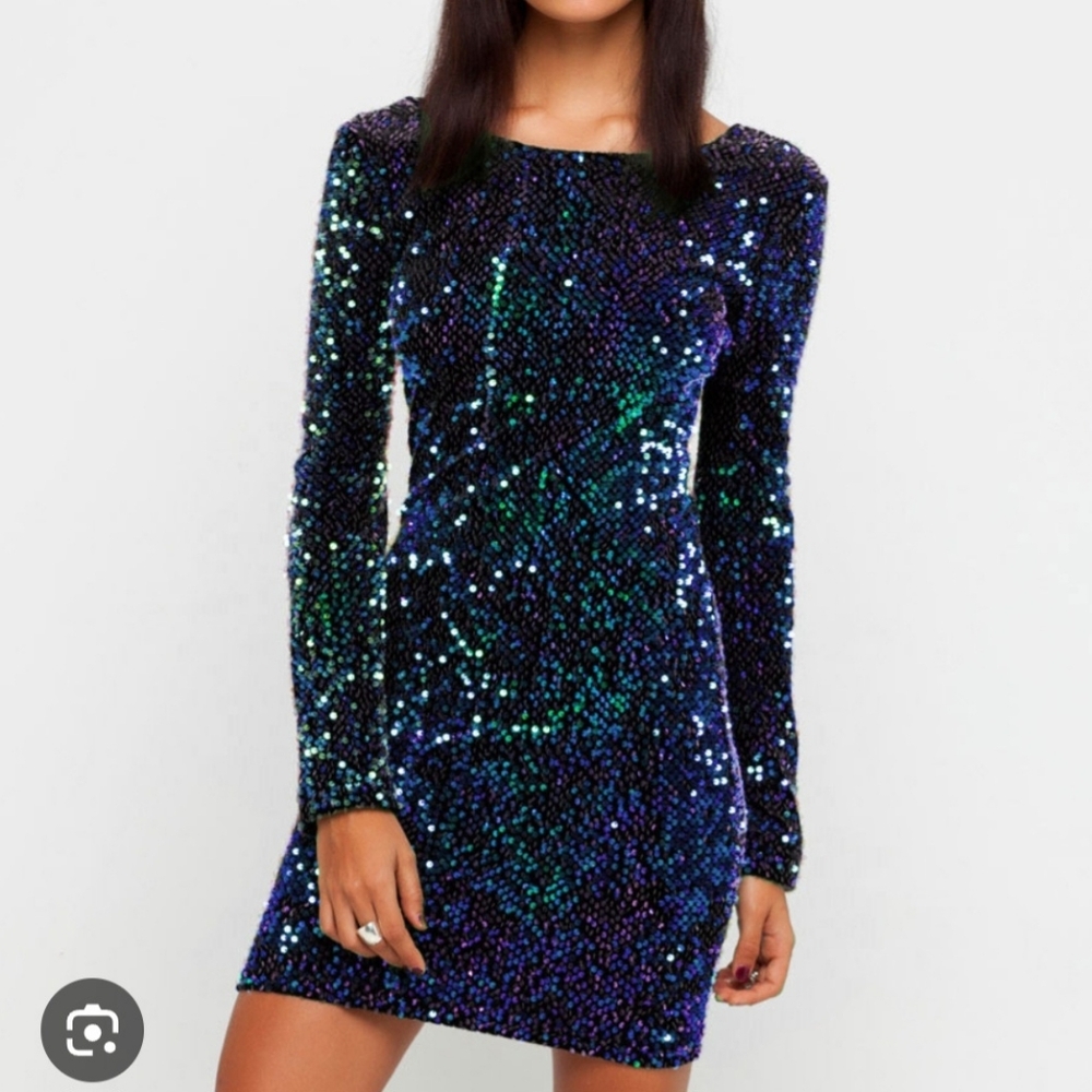 Motel Sequin Dress Longleeves Plunge Back